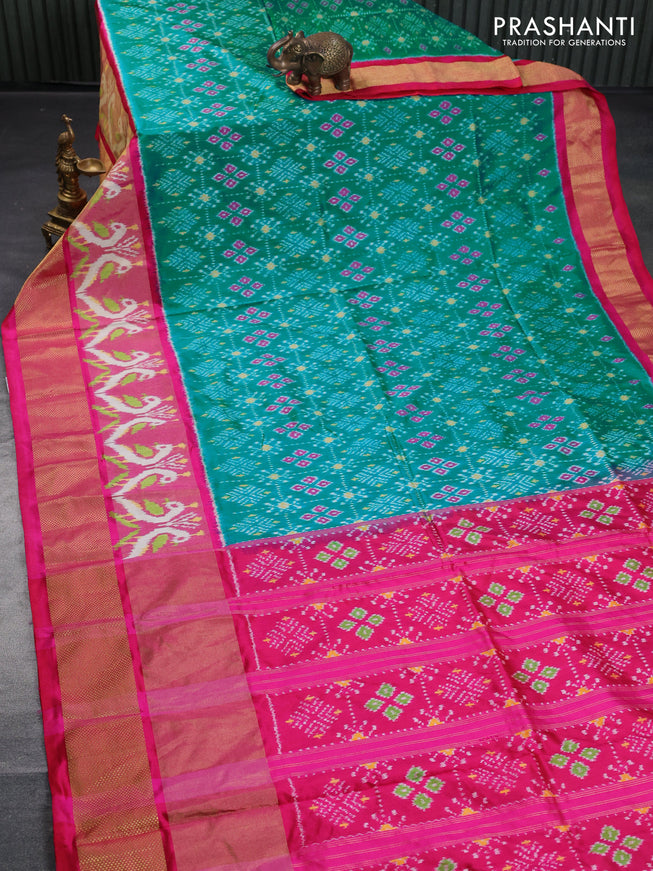 Pochampally silk saree teal blue and pink with allover ikat weaves and long ikat woven zari border