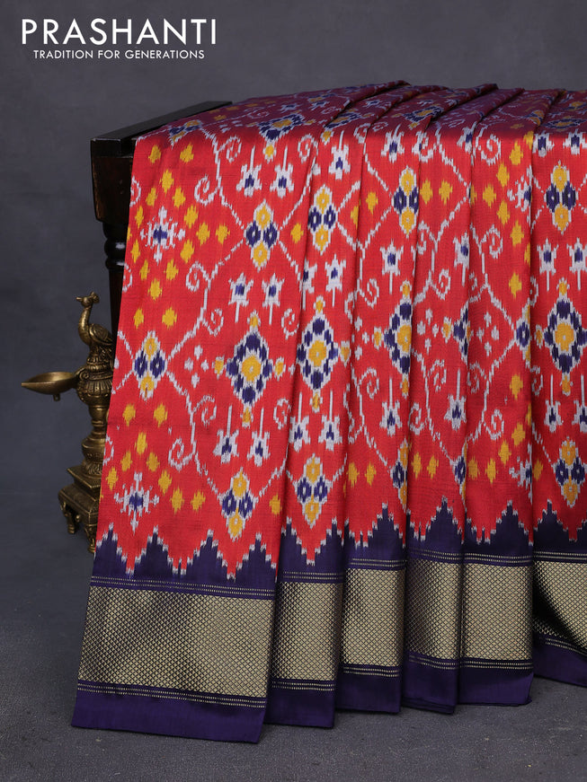 Pochampally silk saree maroon and navy blue with allover ikat weaves and temple design zari woven border