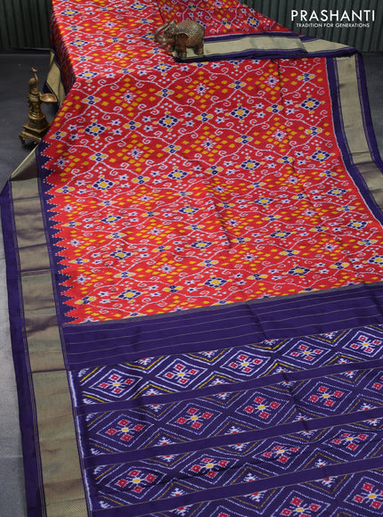 Pochampally silk saree maroon and navy blue with allover ikat weaves and temple design zari woven border