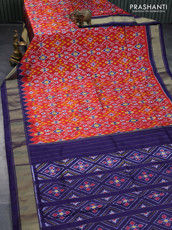 Pochampally silk saree maroon and navy blue with allover ikat weaves and temple design zari woven border