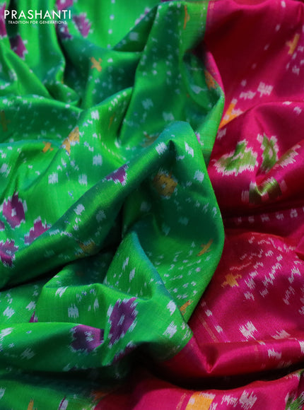 Pochampally silk saree green and reddish pink with allover ikat weaves and long ikat woven zari border