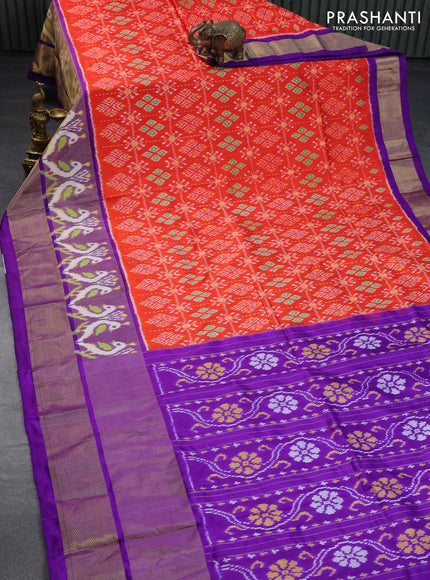 Pochampally silk saree orange and violet with allover ikat weaves and long ikat woven zari border