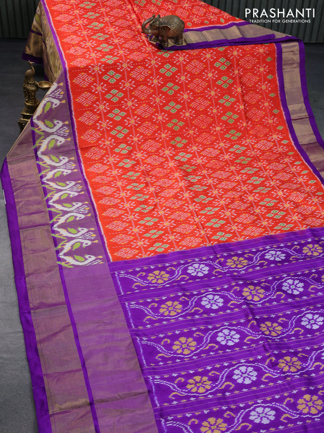 Pochampally silk saree orange and violet with allover ikat weaves and long ikat woven zari border