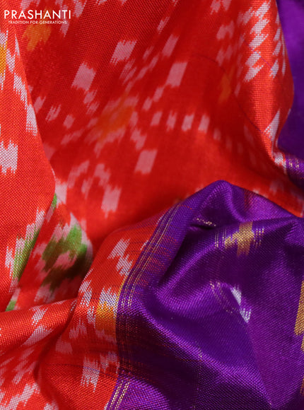 Pochampally silk saree orange and violet with allover ikat weaves and long ikat woven zari border