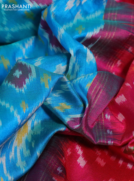 Pochampally silk saree cs blue and reddish pink with allover ikat weaves and long ikat woven zari border