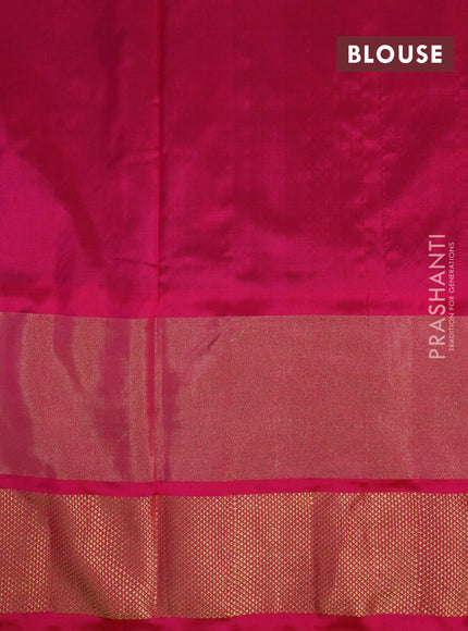 Pochampally silk saree cs blue and reddish pink with allover ikat weaves and long ikat woven zari border