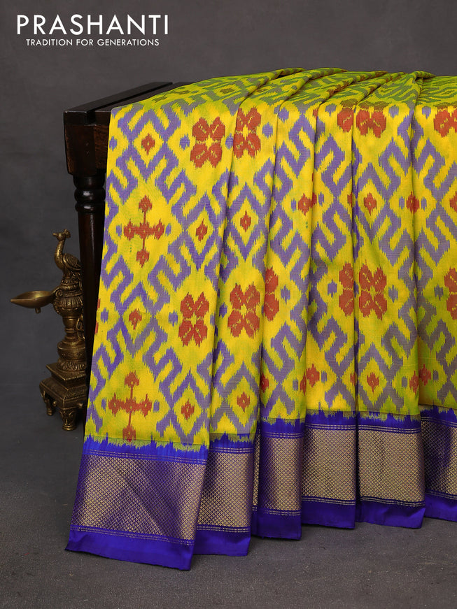 Pochampally silk saree yellow and blue with allover ikat weaves and zari woven border