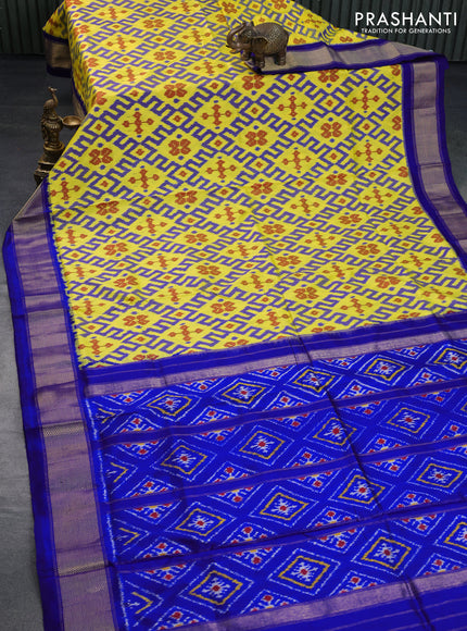 Pochampally silk saree yellow and blue with allover ikat weaves and zari woven border