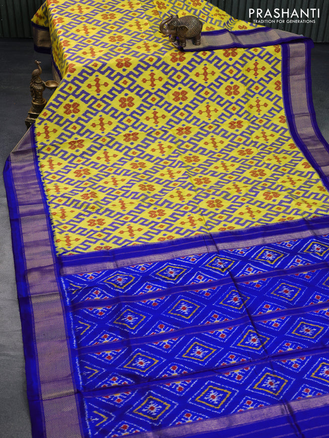 Pochampally silk saree yellow and blue with allover ikat weaves and zari woven border