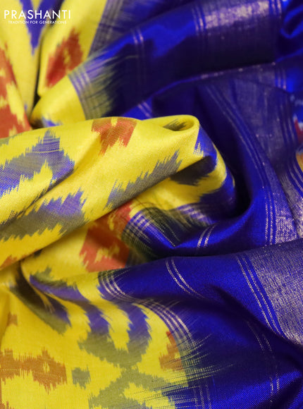 Pochampally silk saree yellow and blue with allover ikat weaves and zari woven border