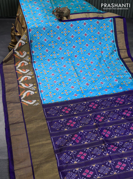 Pochampally silk saree cs blue and dark blue with allover ikat weaves and long ikat woven zari border