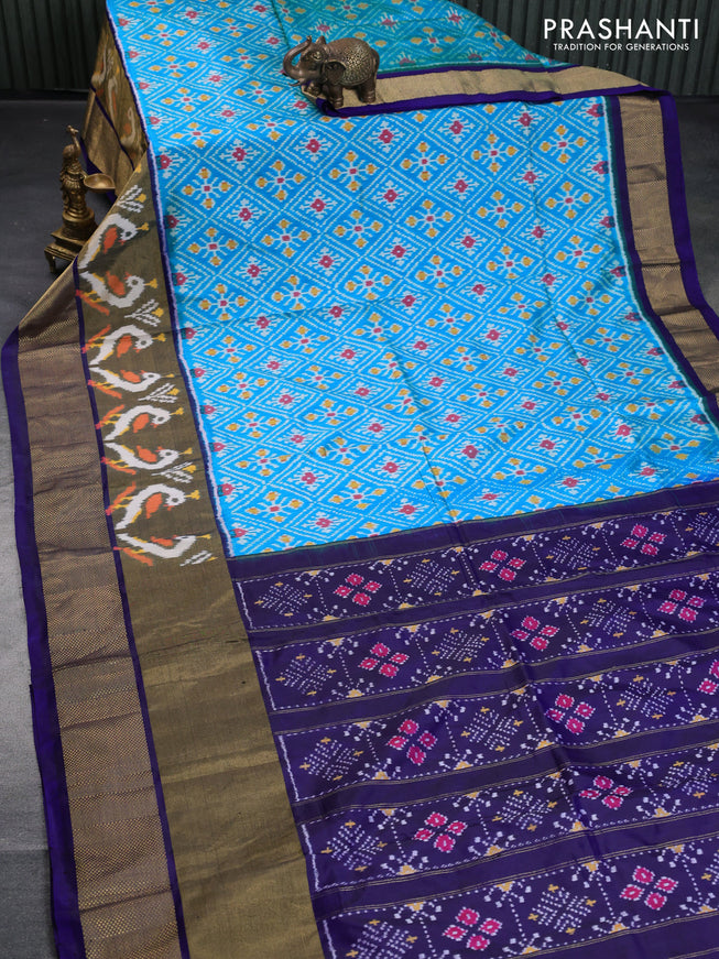 Pochampally silk saree cs blue and dark blue with allover ikat weaves and long ikat woven zari border