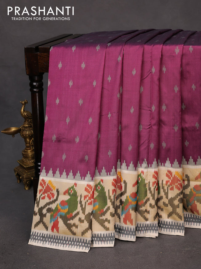 Pochampally silk saree purple and cream with allover ikat butta weaves and temple design ikat woven zari border