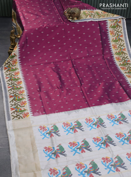 Pochampally silk saree purple and cream with allover ikat butta weaves and temple design ikat woven zari border