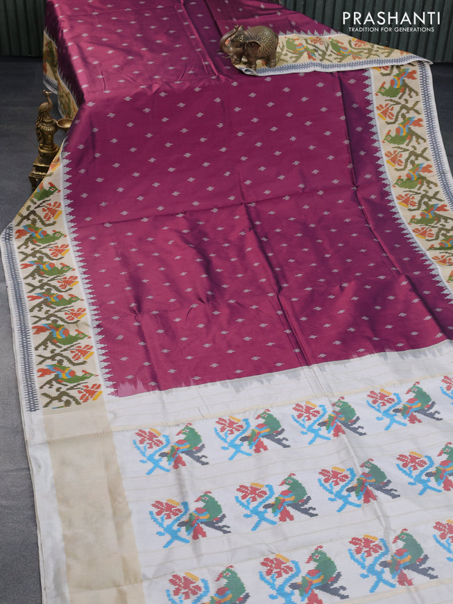 Pochampally silk saree purple and cream with allover ikat butta weaves and temple design ikat woven zari border