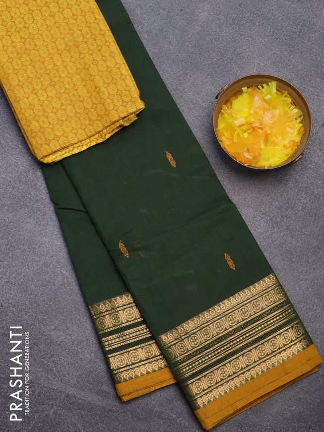 Chettinad cotton sareee sap green and mustard shade with thread woven buttas and zari woven border