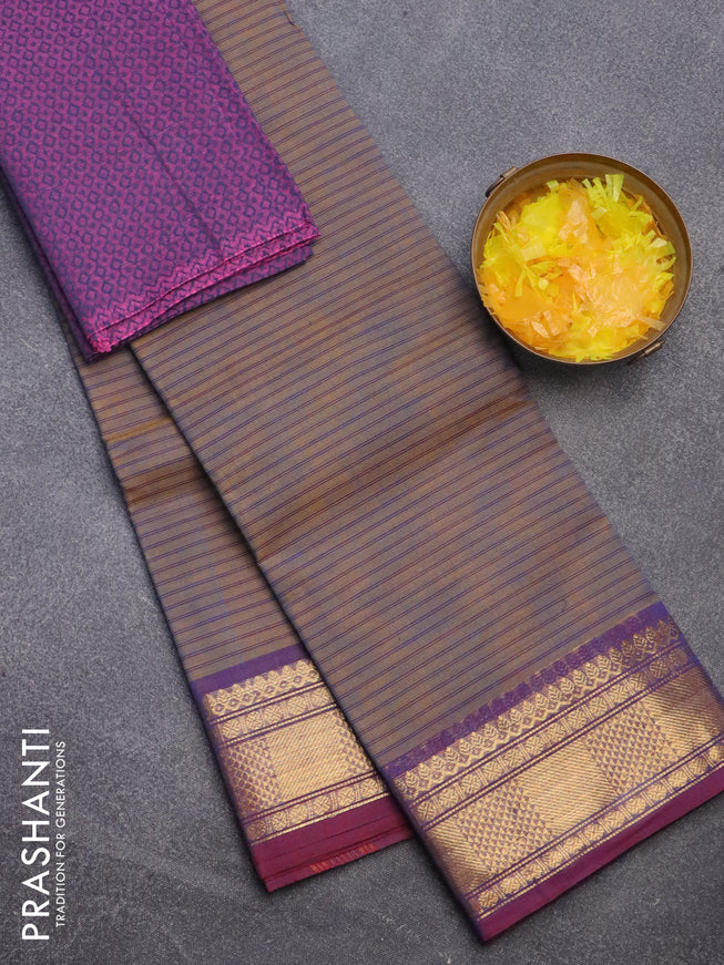 Chettinad cotton sareee dual shade of blue and purple with allover stripe pattern and zari woven border