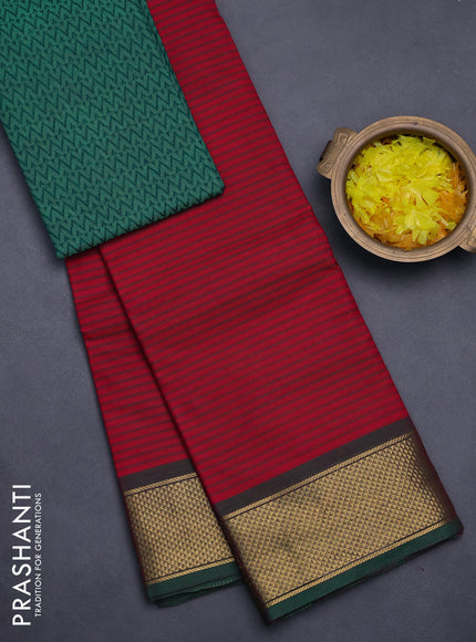 Chettinad cotton sareee red and green with allover thread woven stripes pattern and zari woven border