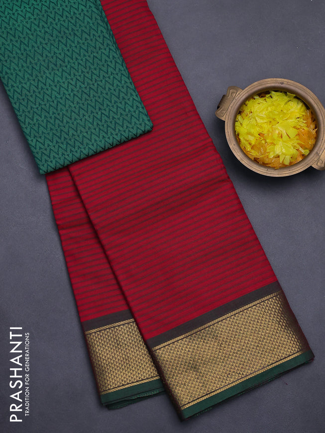 Chettinad cotton sareee red and green with allover thread woven stripes pattern and zari woven border