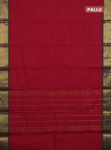 Chettinad cotton sareee red and green with allover thread woven stripes pattern and zari woven border