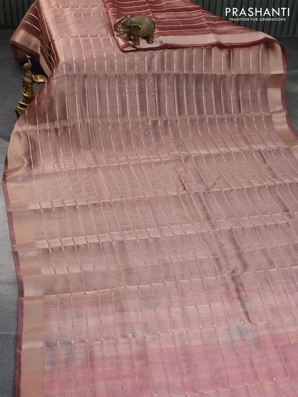 Tissue saree pastel maroon and reddish pink with allover zari woven stripes pattern and zari woven border - printed blouse