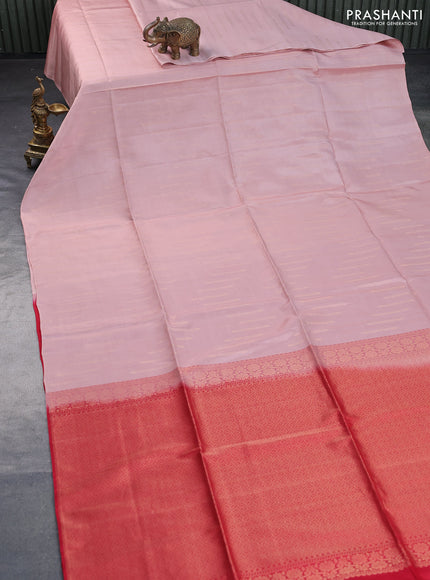 Kanchipuram soft silk saree pastel peach and red with allover zari weaves in borderless style