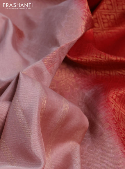 Kanchipuram soft silk saree pastel peach and red with allover zari weaves in borderless style