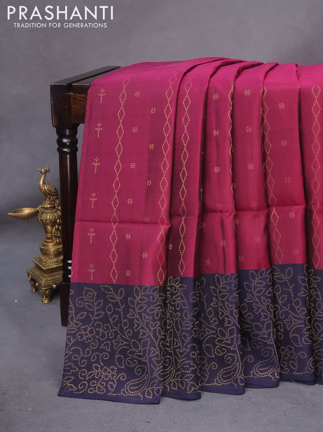 Kanchipuram soft silk saree dark magenta pink and navy blue with allover zari weaves and zari woven border