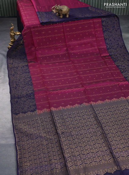 Kanchipuram soft silk saree dark magenta pink and navy blue with allover zari weaves and zari woven border