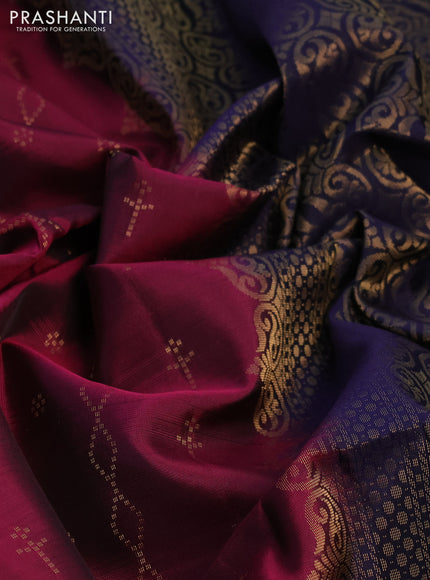 Kanchipuram soft silk saree dark magenta pink and navy blue with allover zari weaves and zari woven border