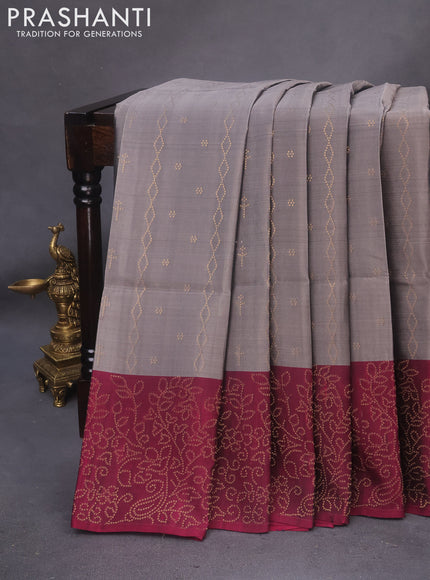 Kanchipuram soft silk saree grey and dark magenta pink with allover zari weaves and zari woven border