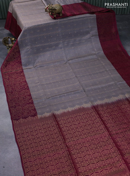 Kanchipuram soft silk saree grey and dark magenta pink with allover zari weaves and zari woven border