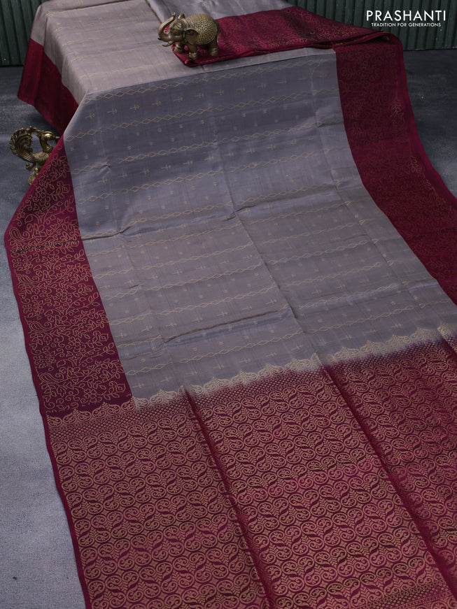 Kanchipuram soft silk saree grey and dark magenta pink with allover zari weaves and zari woven border