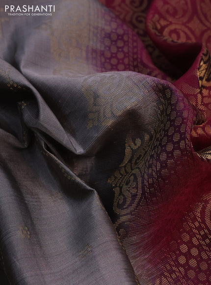 Kanchipuram soft silk saree grey and dark magenta pink with allover zari weaves and zari woven border