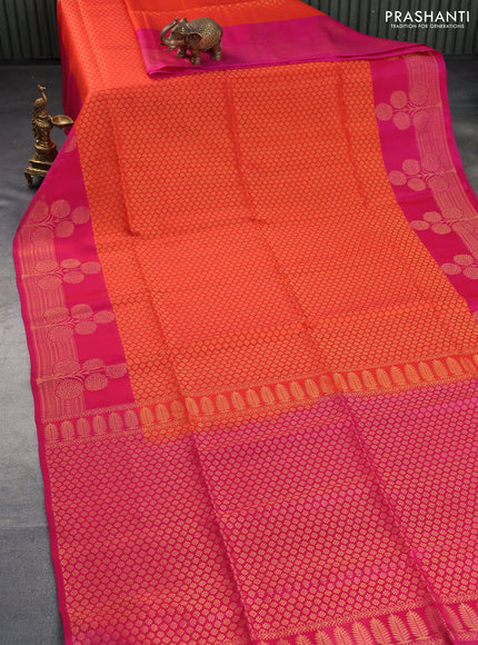 Kanchipuram soft silk saree orange and pink with allover zari woven brocade weaves and floral deisgn zari woven border