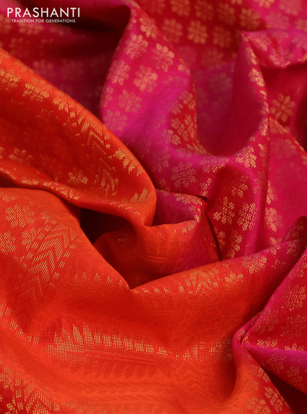 Kanchipuram soft silk saree orange and pink with allover zari woven brocade weaves and floral deisgn zari woven border