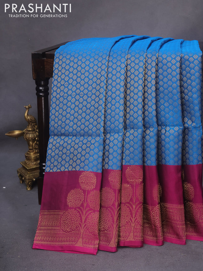 Kanchipuram soft silk saree cs blue and magenta pink with allover zari woven brocade weaves and floral deisgn zari woven border