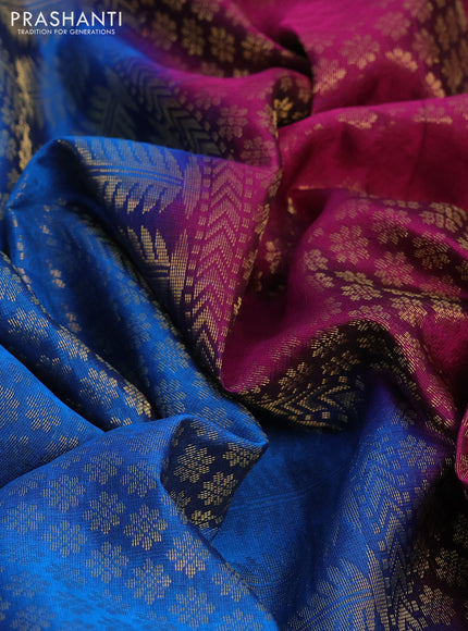 Kanchipuram soft silk saree cs blue and magenta pink with allover zari woven brocade weaves and floral deisgn zari woven border