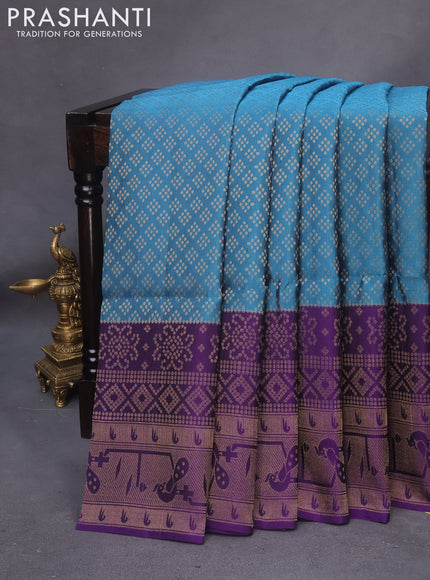 Kanchipuram soft silk saree peacock blue and violet with allover zari woven brocade weaves and long zari woven border