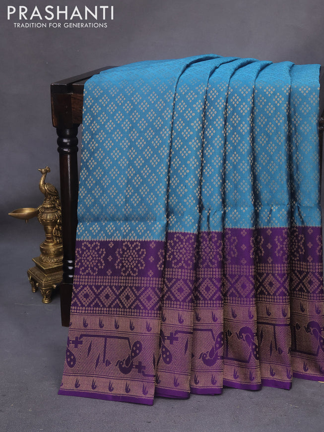 Kanchipuram soft silk saree peacock blue and violet with allover zari woven brocade weaves and long zari woven border