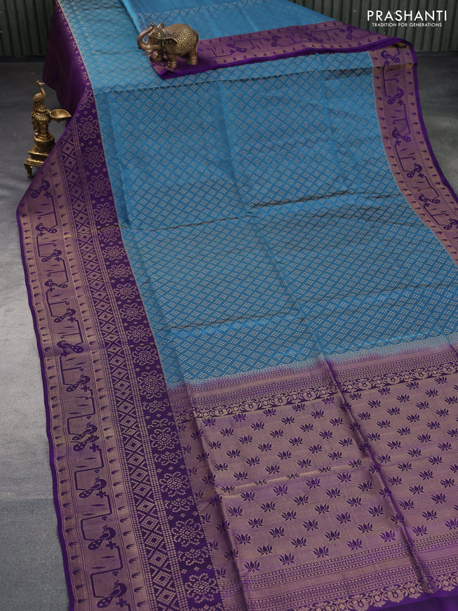 Kanchipuram soft silk saree peacock blue and violet with allover zari woven brocade weaves and long zari woven border