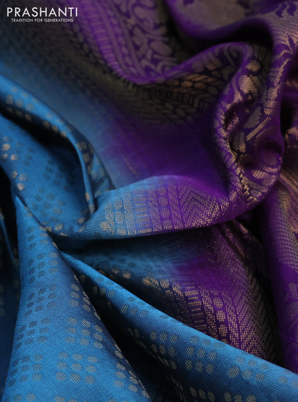 Kanchipuram soft silk saree peacock blue and violet with allover zari woven brocade weaves and long zari woven border