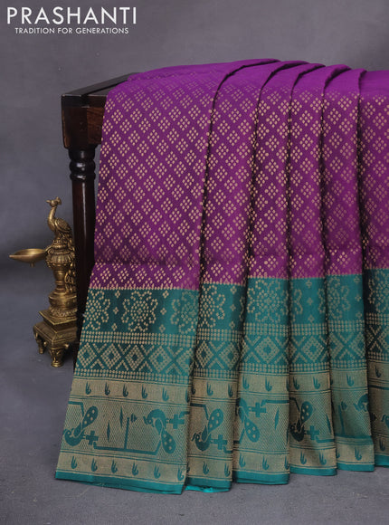 Kanchipuram soft silk saree deep purple and teal green with allover zari woven brocade weaves and long zari woven border