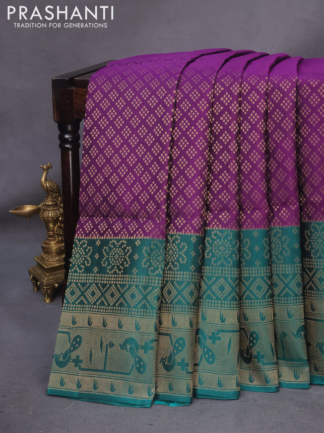 Kanchipuram soft silk saree deep purple and teal green with allover zari woven brocade weaves and long zari woven border