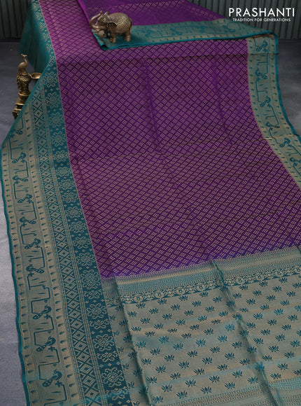 Kanchipuram soft silk saree deep purple and teal green with allover zari woven brocade weaves and long zari woven border