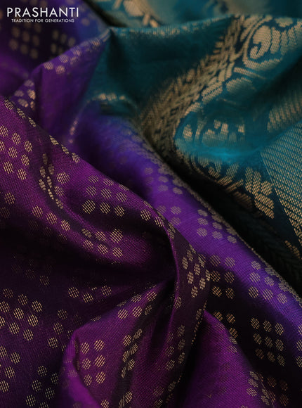 Kanchipuram soft silk saree deep purple and teal green with allover zari woven brocade weaves and long zari woven border