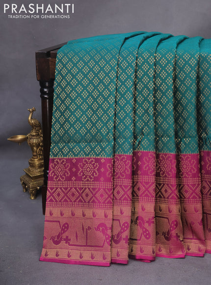 Kanchipuram soft silk saree teal green and dark magenta pink with allover zari woven brocade weaves and long zari woven border