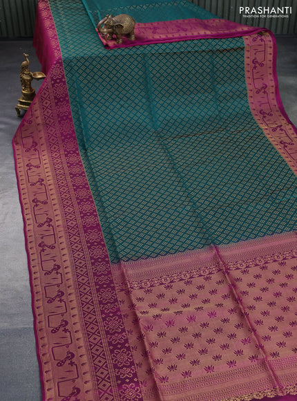 Kanchipuram soft silk saree teal green and dark magenta pink with allover zari woven brocade weaves and long zari woven border