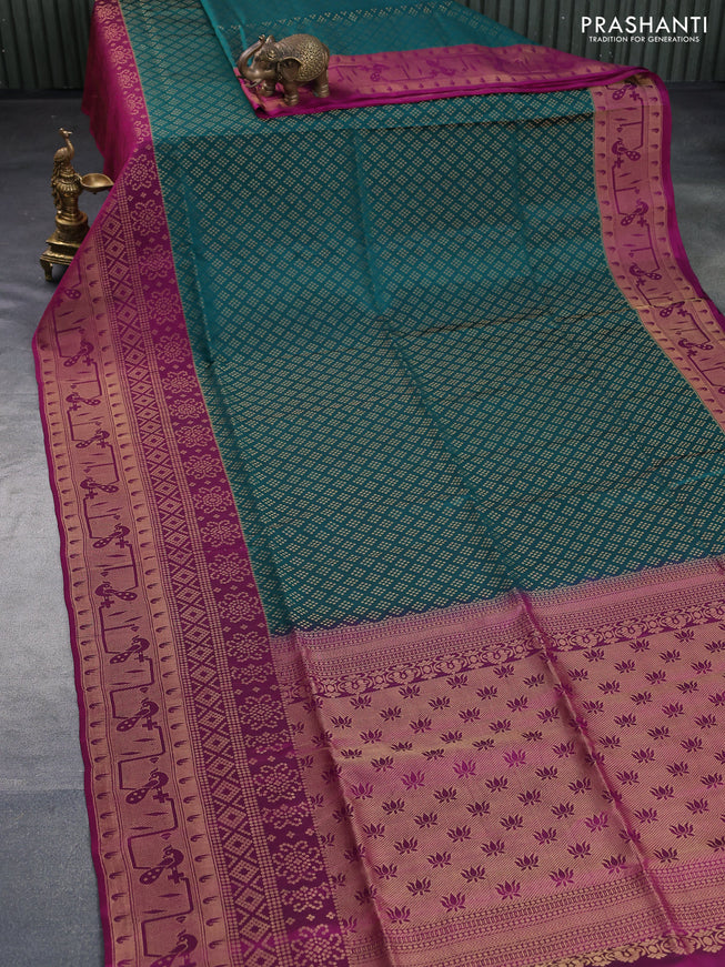 Kanchipuram soft silk saree teal green and dark magenta pink with allover zari woven brocade weaves and long zari woven border