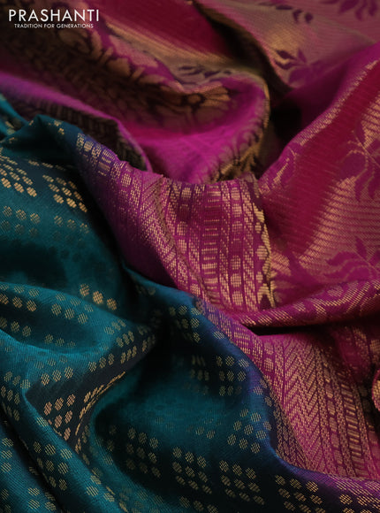 Kanchipuram soft silk saree teal green and dark magenta pink with allover zari woven brocade weaves and long zari woven border